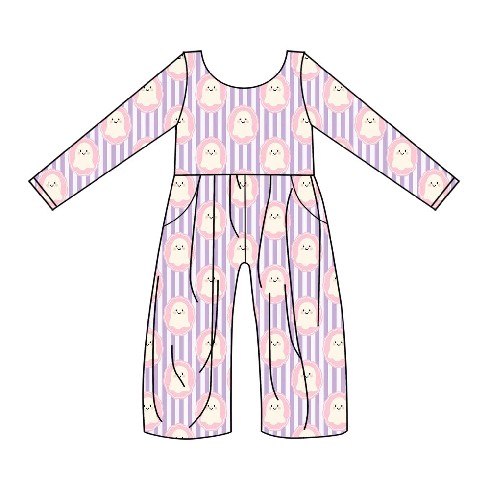 Preorder (moq 5)Baby Girls Purple Stripe Ghosts Halloween Pockets Jumpsuits