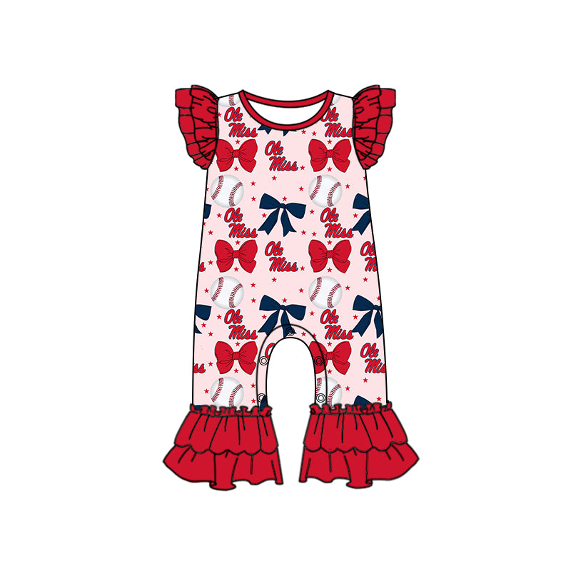 Preorder (moq 5)Baby Girls Red Flutter Sleeves Baseball Bows Ole Miss Ruffle Pant Team Rompers