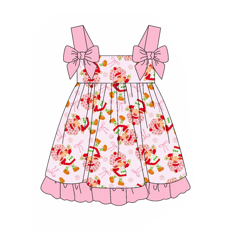 Preorder (moq 5)Baby Girls Pink Strap Bows Top Strawberry Knee Length Dress