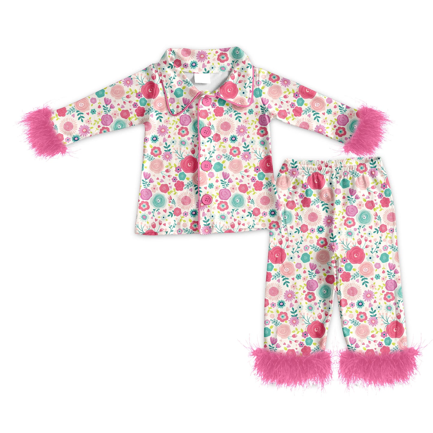 Preorder (moq 5)Baby Girls Pink Flowers Button Top Pants Fur Sleeve Pajamas Sets