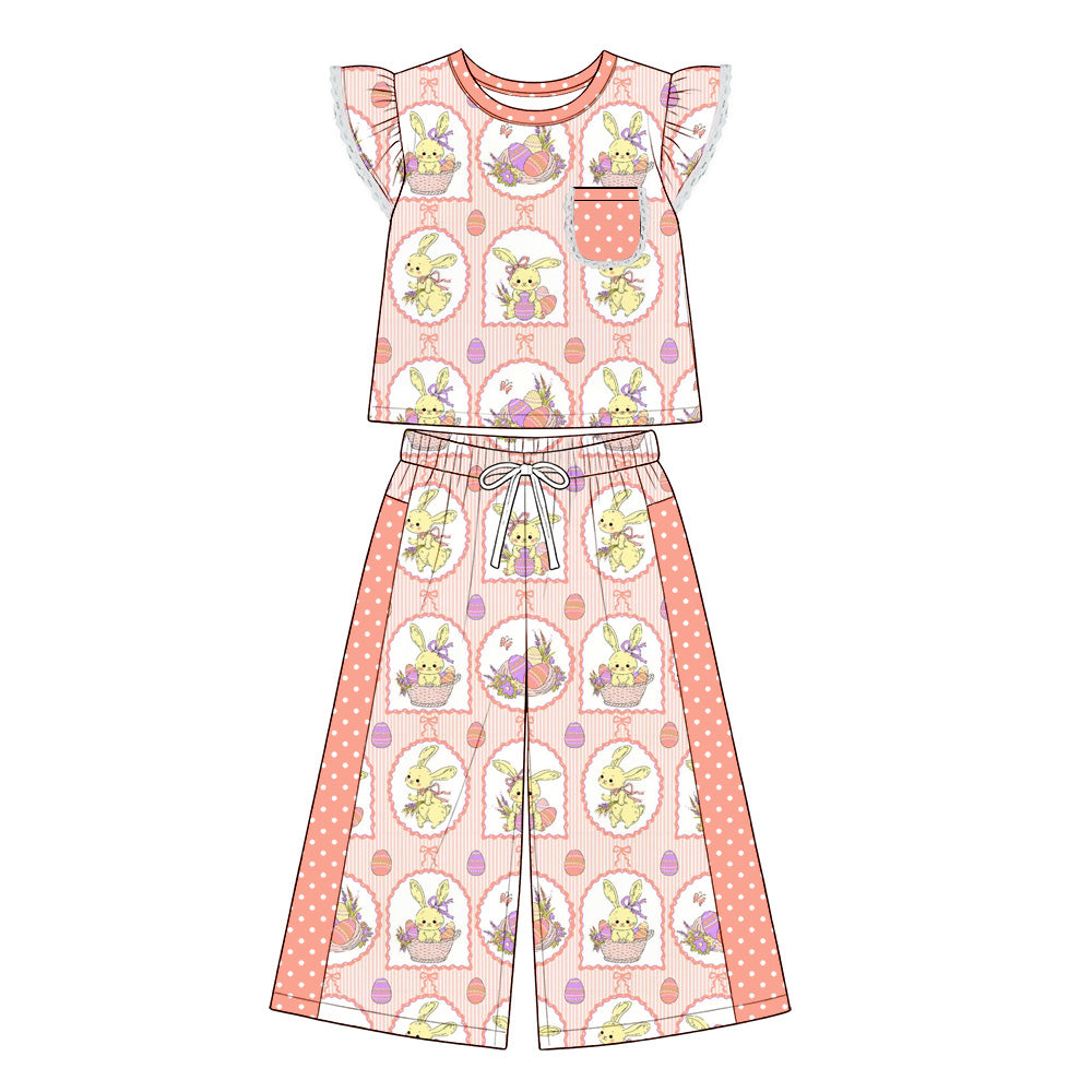 Preorder (moq 5) Baby Girl Clothes Easter Bunny Basket Frame Mixed Print Flutter Short Sleeve Wide Leg Pant Set
