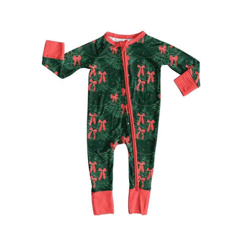Preorder (moq 5) Baby Girls Trees Bows Christmas Two Way Zip Convertible Rompers