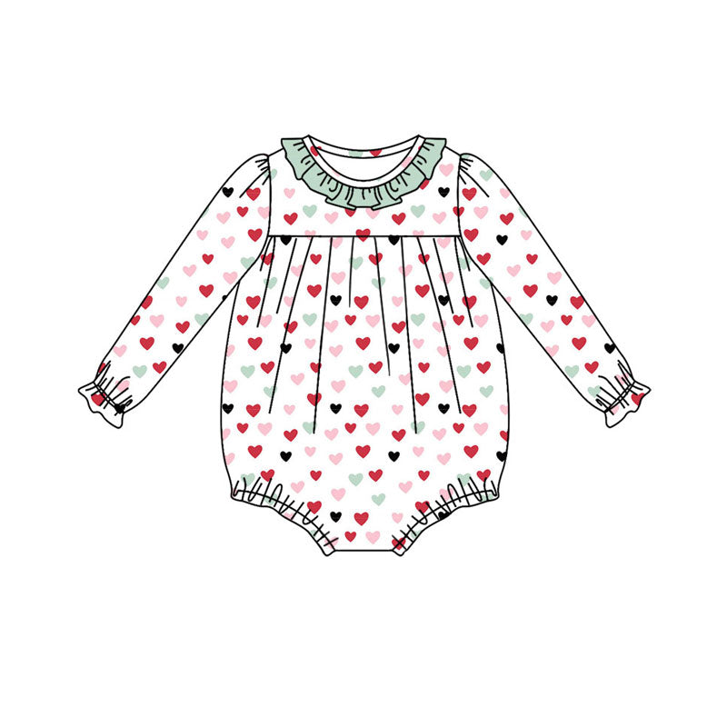 Preorder (moq 5)Baby Girls Long Ruffle Sleeve Colorful Hearts Valentine Rompers