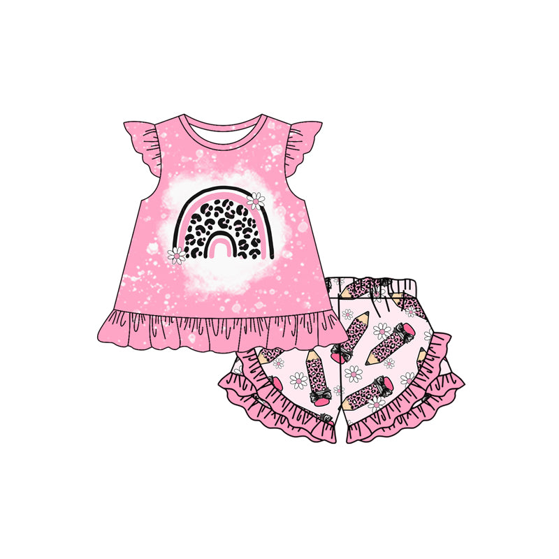 Preorder (moq 5)Baby Girls Leopard Pencil Rainbows Tunic Ruffle Short Back to School Clothes Sets