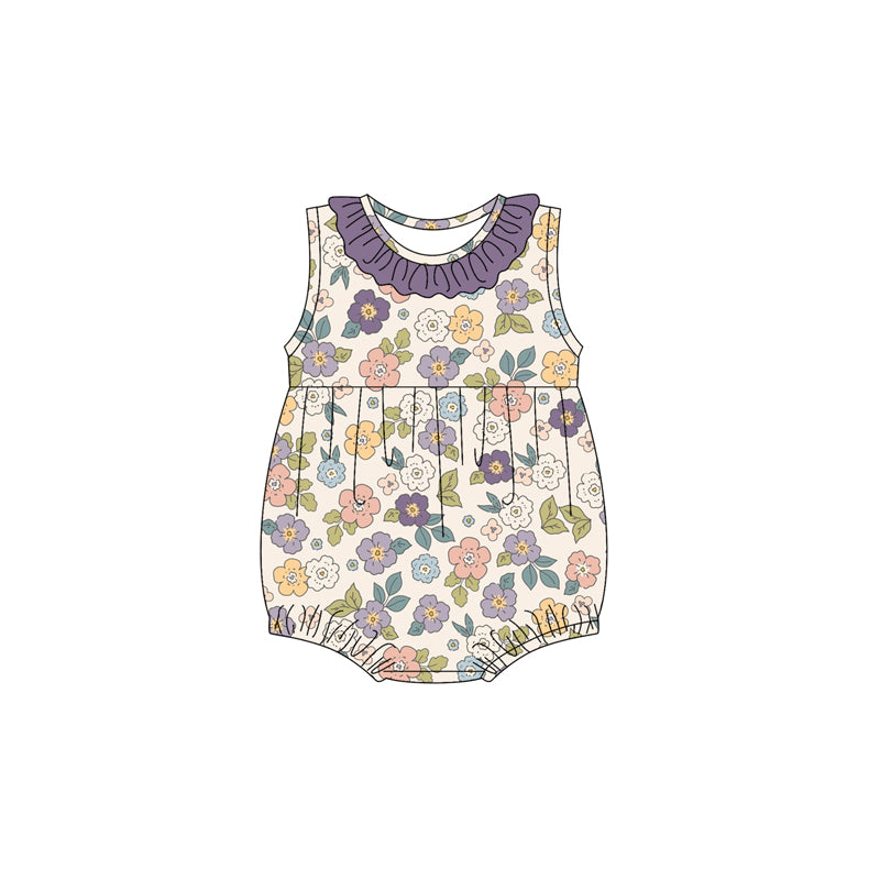 Preorder(moq 5)Baby Infant Girls Sleeveless Purple Floral Round Collar Summer Rompers