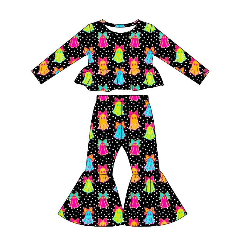 Preorder (moq 5)Baby Girls Ghost Bows Tunic Bell Bottom Pants Halloween Clothes Set