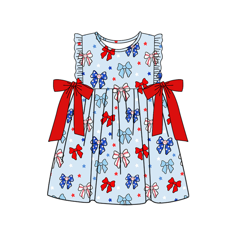 Preorder (moq 5)Baby Girls Sleeveless Blue Red Bows Stars 4th Of July Knee Length Dresses