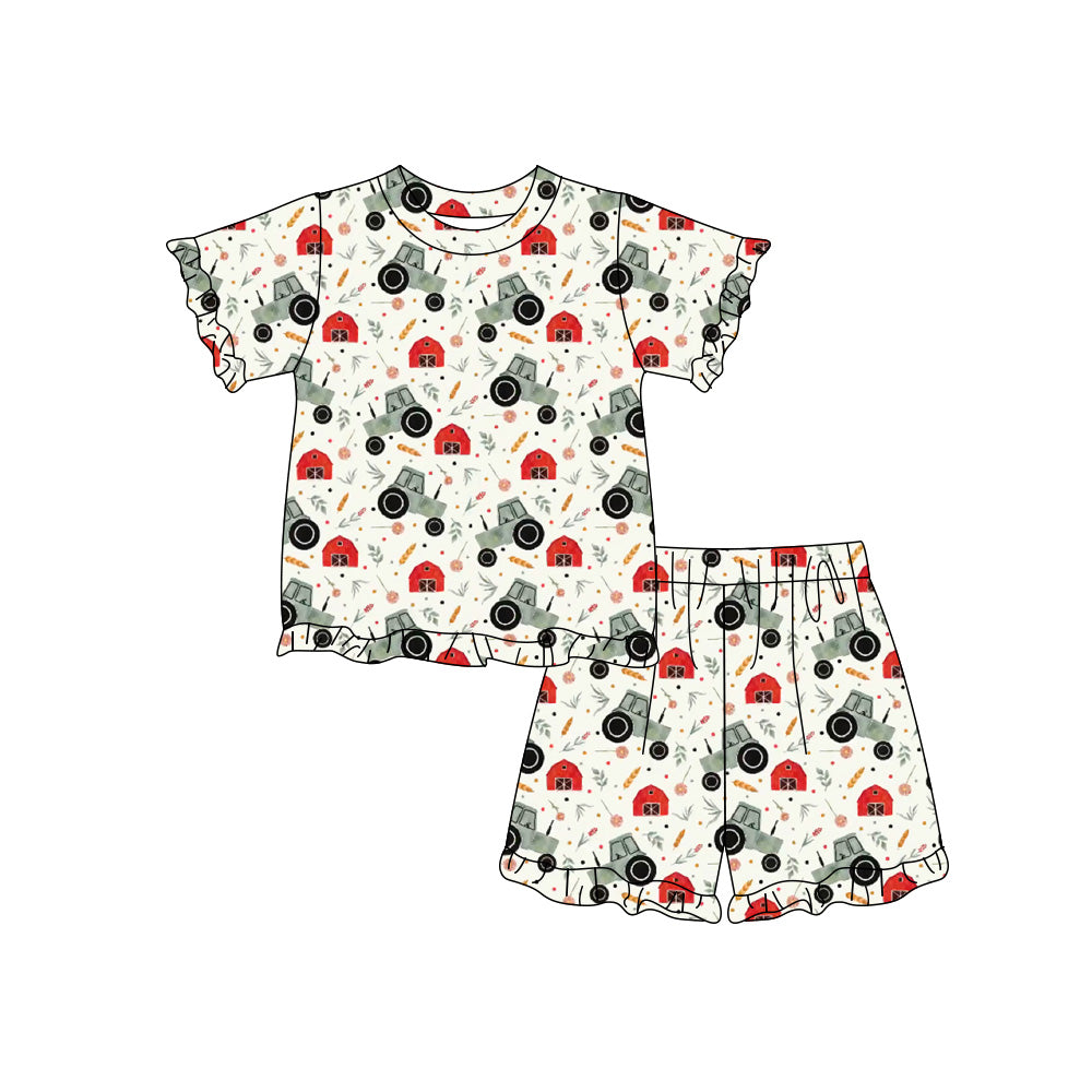 Preorder moq 5 Baby Girls Trucks Houses Top Ruffle Short Farm Clothes Sets