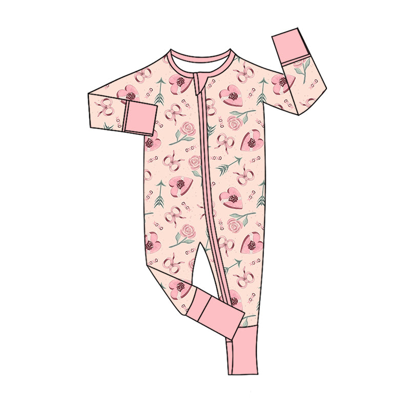 Preorder (moq 5)Baby Girls Flower Hearts XOXO Valentines Two Way Zip Convertible Rompers