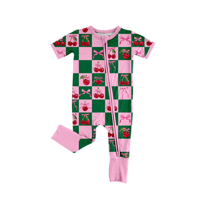 Preorder(moq 8)Baby Girls Pink Green Checked Bows Cherry Zipper Footie Rompers