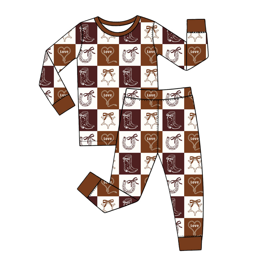 Preorder (moq 5) Baby Girl Clothes Western Cowboy Checkered Print Long Sleeve Top Pants Pajama Set