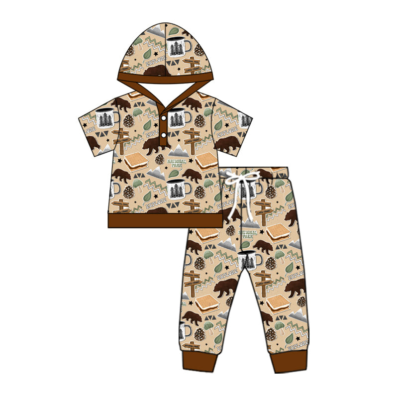 Preorder (moq 5)Baby Boys Short Sleeves Khaki Bears Western Hoodies Top Pant Set