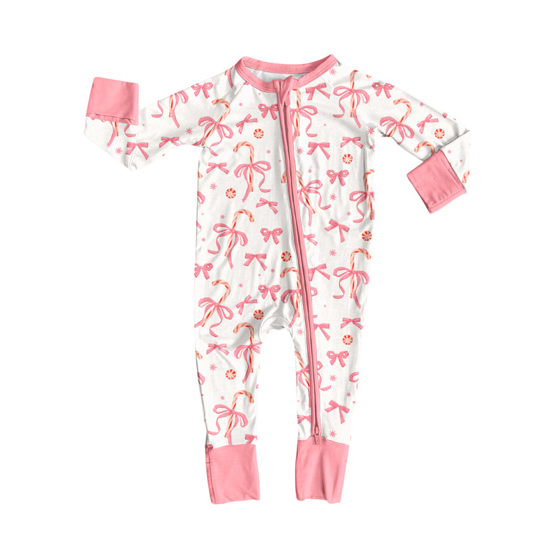 Preorder moq 5 Baby Infant Girls Long Sleeves Pink Bows Candy Cane Plaid Zipper Romper