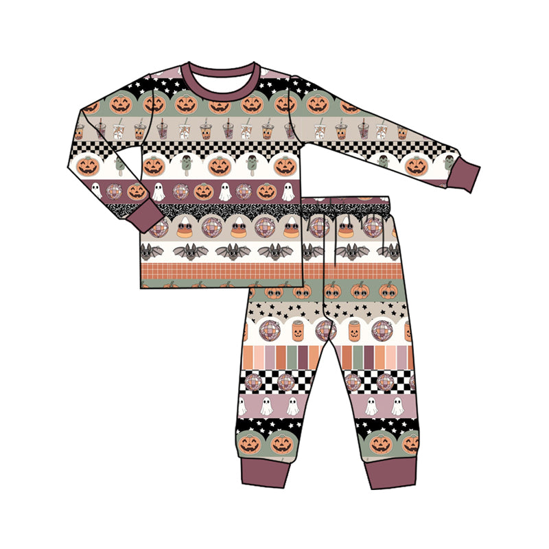 Preorder (moq 5)Baby Boys Lavender Long Sleeves Ghost Pumpkins Stripe Top Pant Pajamas Set