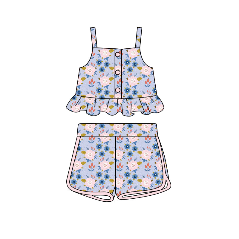 Preorder (moq 5)Baby Girls Blue Pink Flowers Leaves Straps Top Shorts Clothes Sets