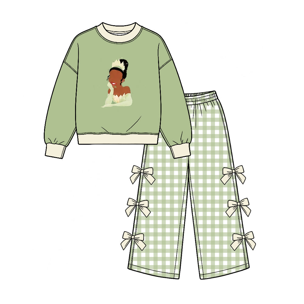 Preorder (moq 5) Baby Girl Clothes Princess Tiana Character Print Gingham Plaid Long Sleeve Bow Decor Wide Leg Pant Set