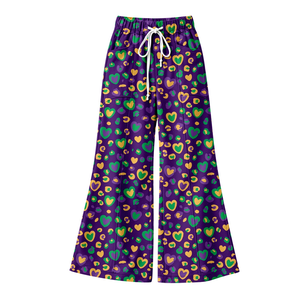 Preorder (moq 5) Women Clothes Mardi Gras Heart Leopard Allover Print Drawstring Flare Pants