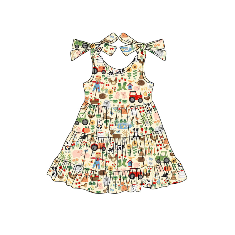 Preorder (moq 5)Baby Girls Strap Cows Rabbits Floral Farm Knee Length Dresses
