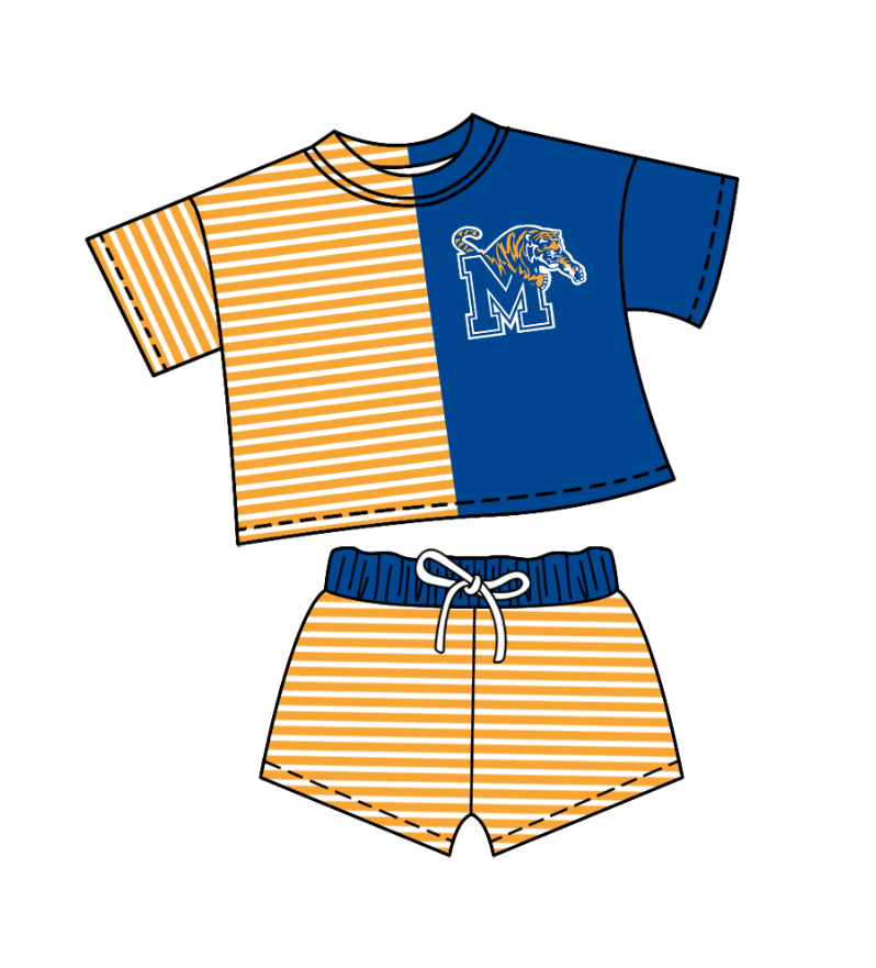 Preorder (moq 5)Baby Girls Orange Stripe M Tiger Top Shorts Team Clothes Sets
