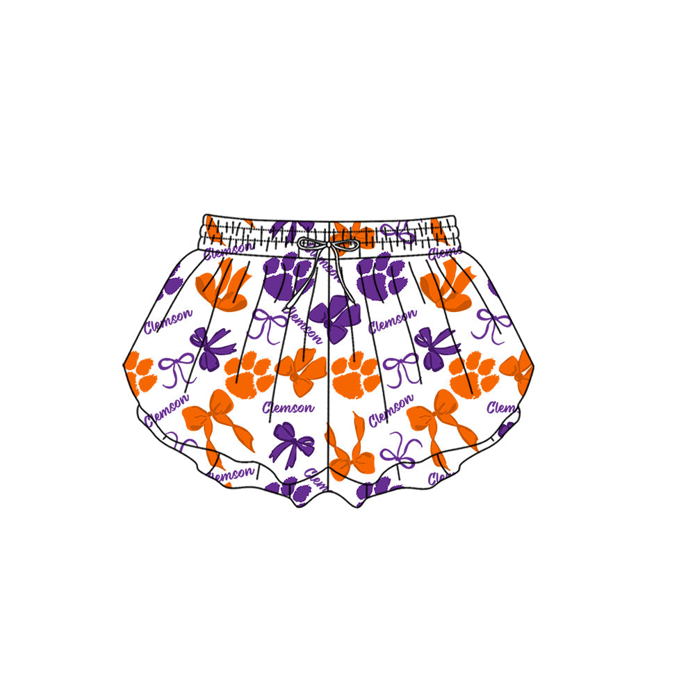 Preorder (moq 5)Baby Girls Bows Clemson Team Ruffle Shorts Bottom