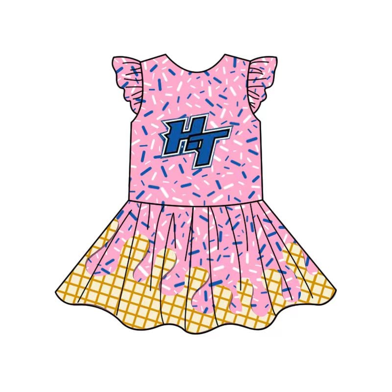 Preorder (moq 5)Baby Girls Pink Drip Flutter Sleeves HT Team Knee Length Dresses