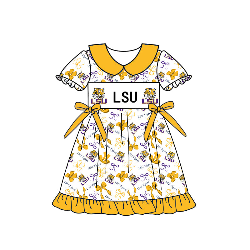 Preorder (moq 5)Baby Girls Short Sleeve LSU Tiger Bows Collar Team Ruffle Knee Length Dress