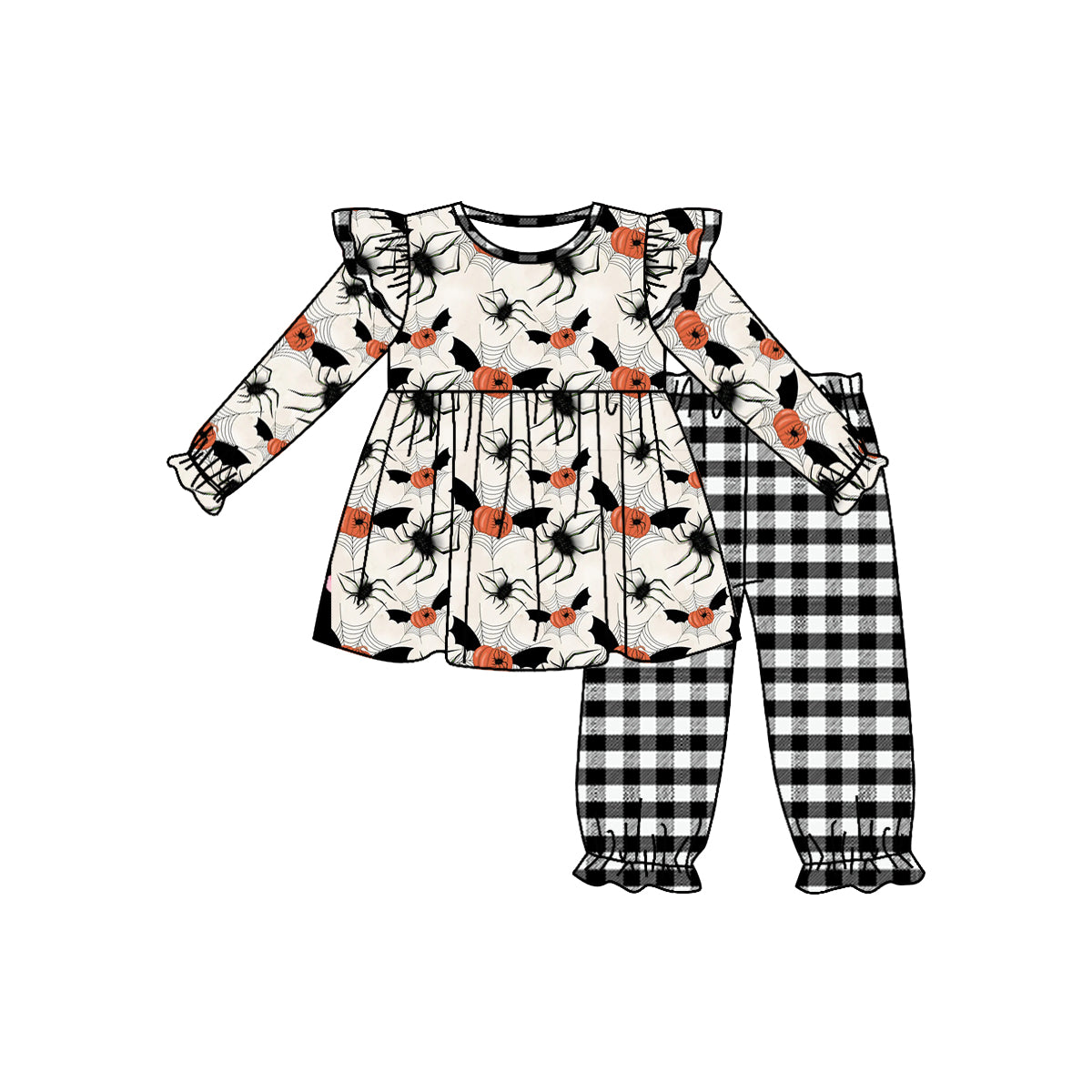Baby Girls Halloween Pumpkin Bats Tunic Checkered Pants Clothes Sets Preorder(moq 5)