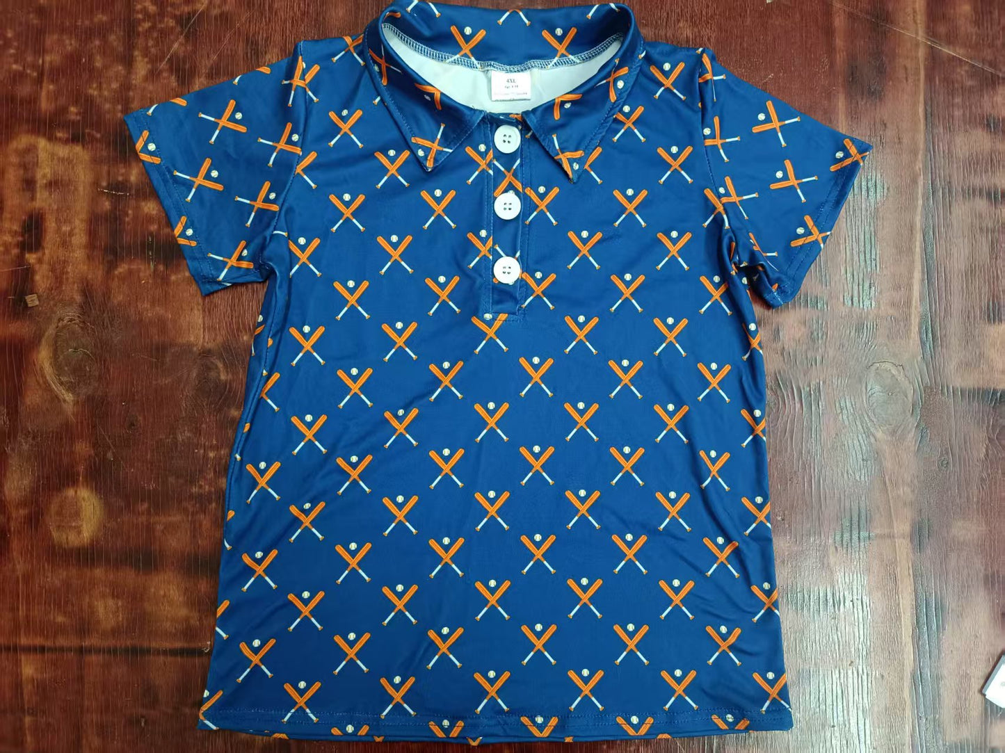 Preorder moq 5 Baby Boys Blue Short Sleeves Button Baseballs Polo Shirts Top