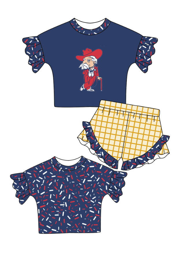 Preorder (moq 5)Baby Girls Navy Back Sprinkles Top Checked Ruffle Shorts Team Clothes Set