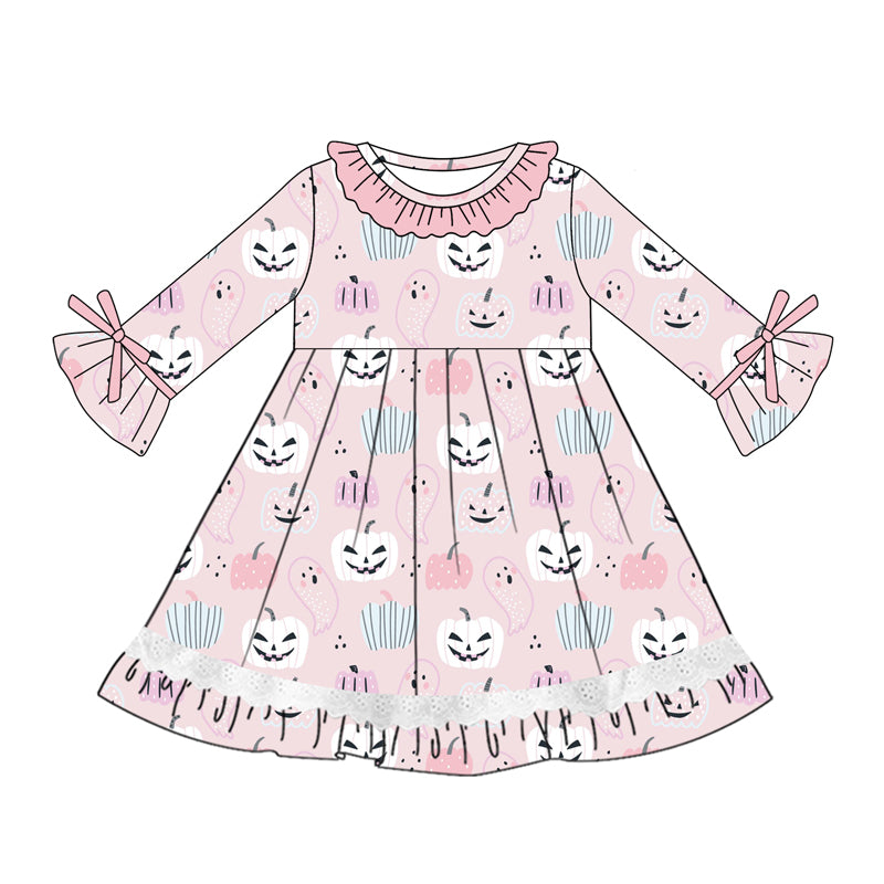 Preorder (moq 5)Baby Girls Pink Long Ruffle Sleeves Pumpkins Ghosts Knee Length Dresses