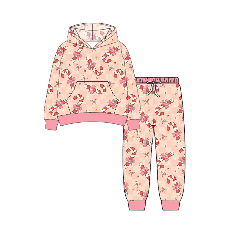 Preorder (moq 5)Baby Girls Long Sleeves Pink Bows Candy Cane Pockets Hoodie Pant Clothes Set