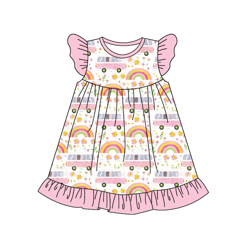 Preorder (moq 5)Baby Girls Pink Rainbow Buses Flowers Pearl Knee Length Dresses