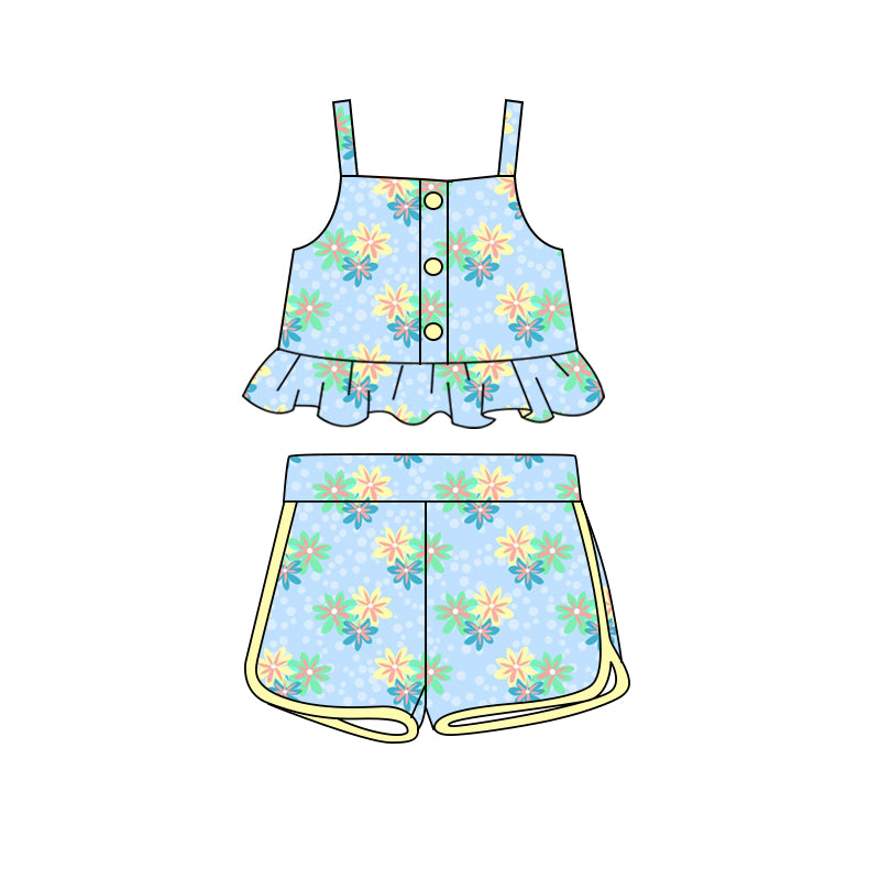 Preorder (moq 5)Baby Girls Blue Small Flowers Straps Top Shorts Clothes Sets