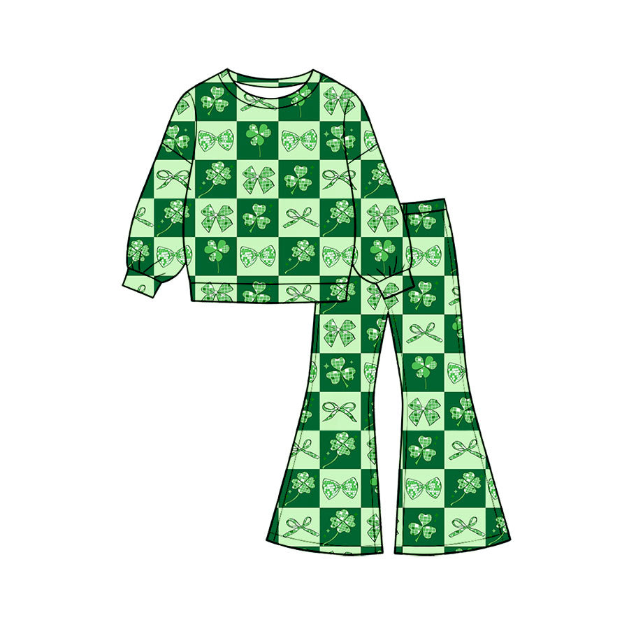 Preorder (moq 5) Baby Girl Clothes Clover Bow Checker Mixed Print Long Sleeve Flare Pant Set