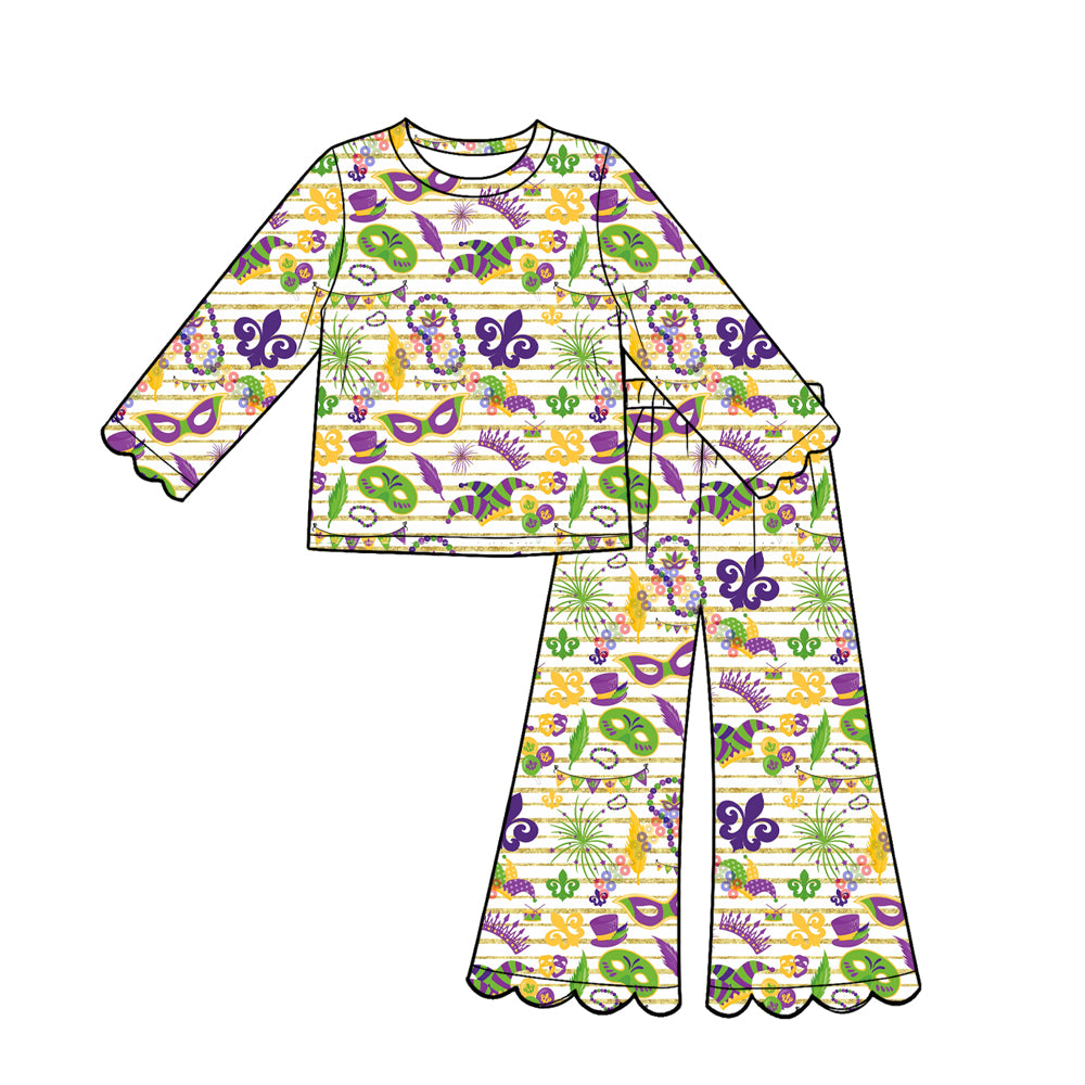 Preorder (moq 5) Baby Girl Clothes Mardi Gras Stripe Mask Fleur‑de‑lis Print Long‑Sleeve Top Scalloped Flare Pants Set