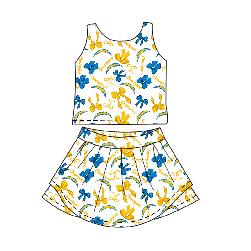 Preorder (moq 5)Baby Girls Sleeveless Bows Plaid Chargers Top Skorts Team Set