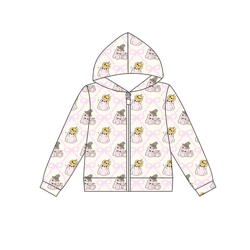 Preorder (moq 5)Baby Girls Bows Ghost Pumpkins Checked Halloween Zip Hoodie Jackets