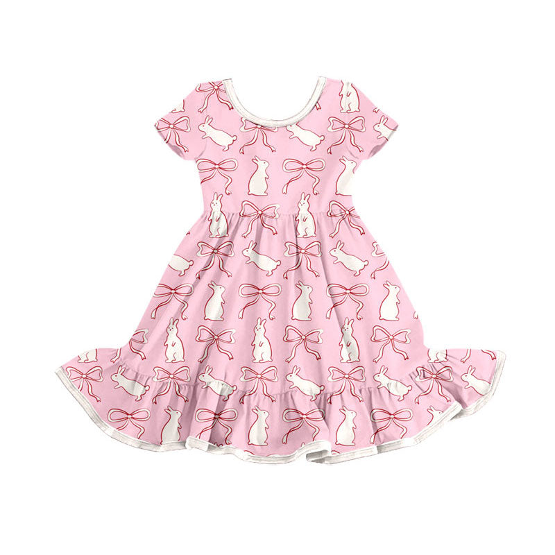 Preorder(moq 8)Baby Girls Pink Bows Rabbits Plaid Easter Ruffle Knee Length Dresses