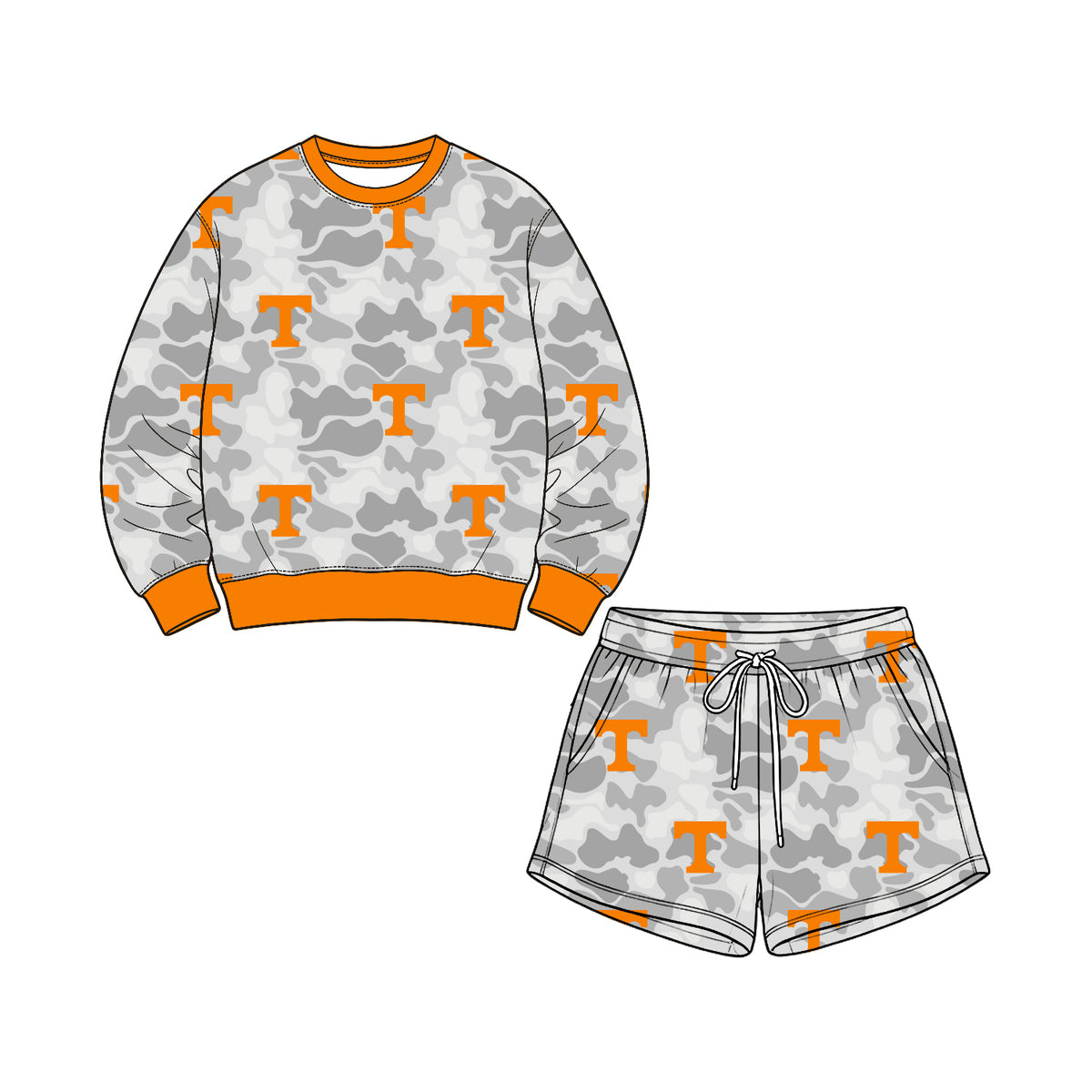 Preorder (moq 5) Baby Girl Clothes Tennessee Volunteers Camo Logo Print Long Sleeve Top Drawstring Shorts Outfit Set