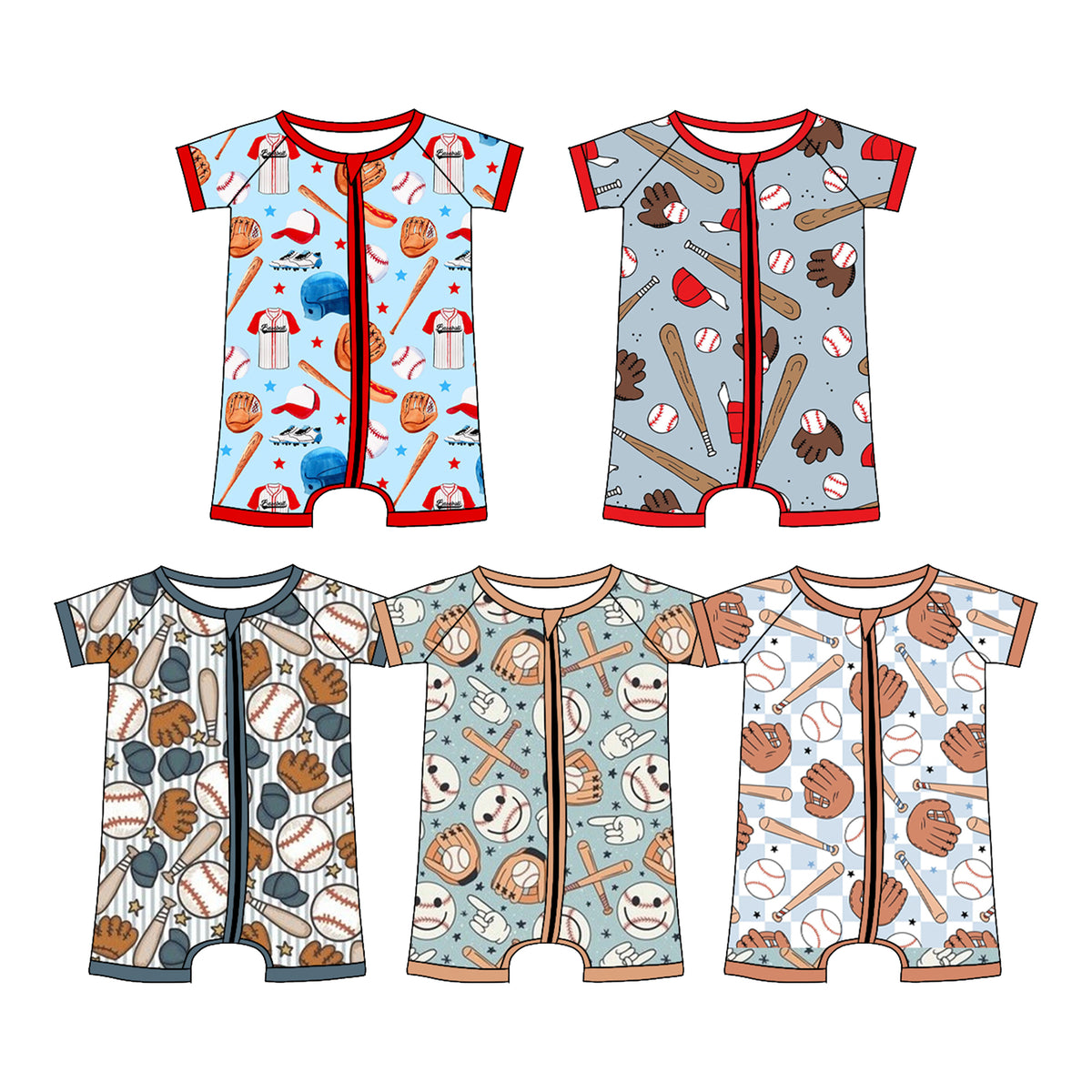 Preorder (moq 5) Baby Boy Clothes Baseball Cap Glove Bat Mixed Print Short Sleeve Zipper Baby Romper