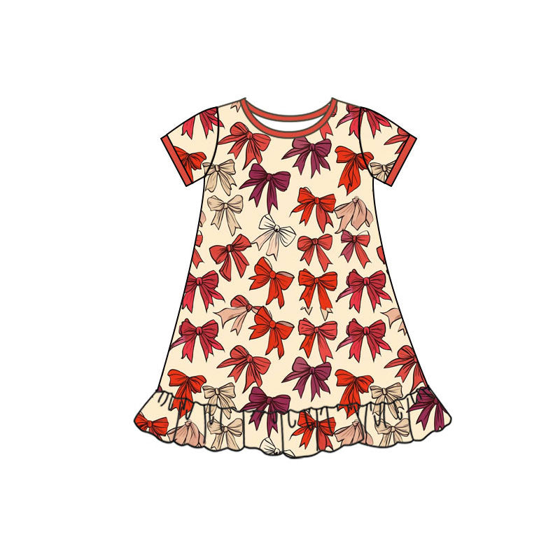 Preorder(moq 5) Baby Girls Short Sleeve Colorful Bows Plaid Valentine Ruffle Knee Length Dresses