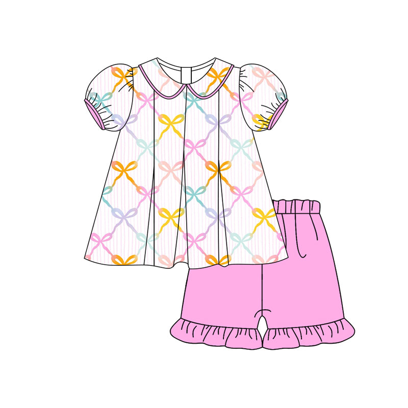 Preorder (moq 5)Baby Girls Short Ruffle Sleeves Colorful Bows Tunic Ruffle Short Set