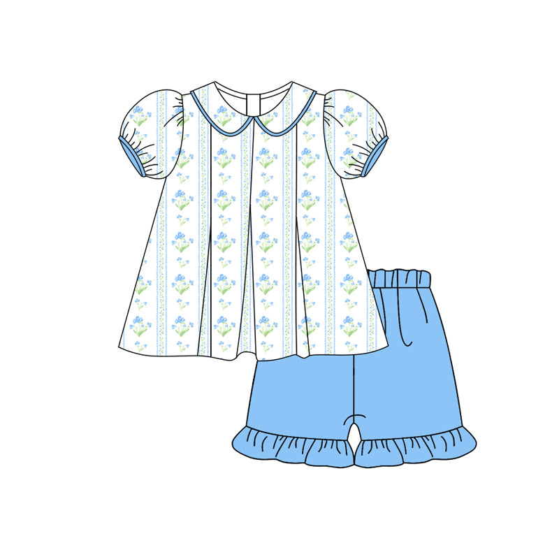Preorder (moq 5)Baby Girls Blue Short Ruffle Sleeves Floral Stripe Tunic Ruffle Short Set Preorder