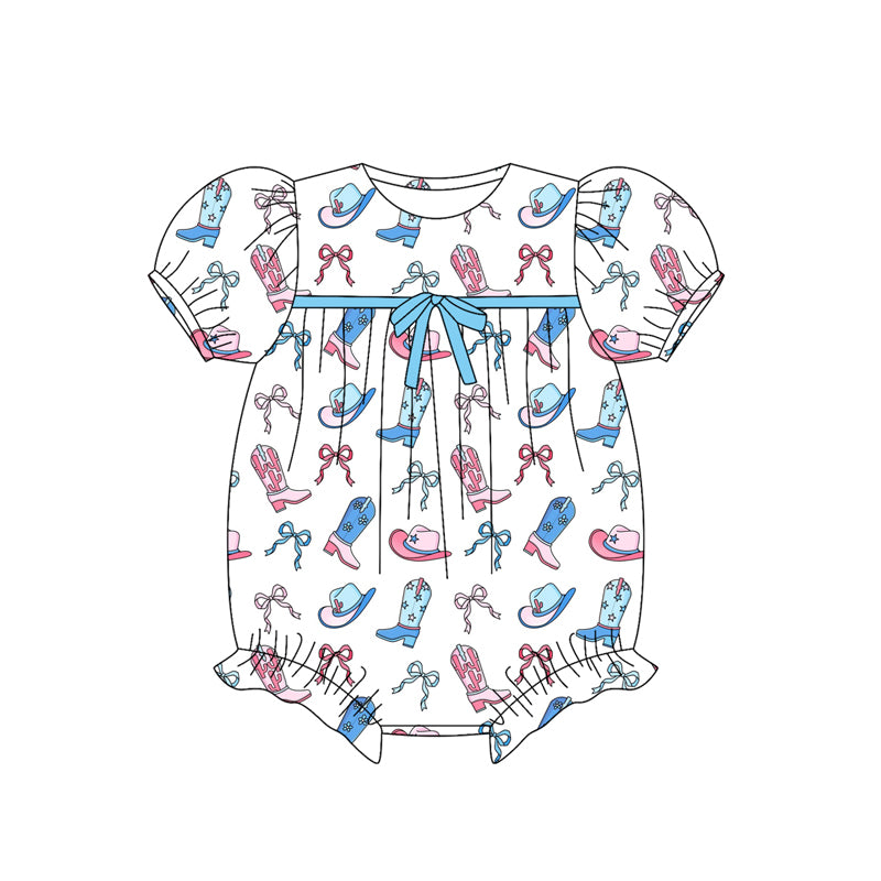 Preorder (moq 5)Baby Girls Short Ruffle Sleeves Blue Pink Bows Boots Rompers