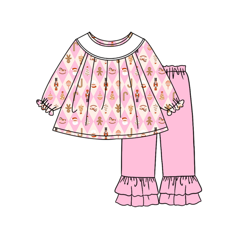 Preorder (moq 5)Baby Girls Pink Long Sleeves Gingerbread Plaid Tunic Ruffle Pant Set