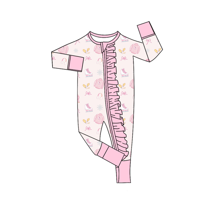 Preorder(moq 5)Baby Infant Girls Long Sleeves Christmas Snowflake Bows Ruffle Zipper Rompers
