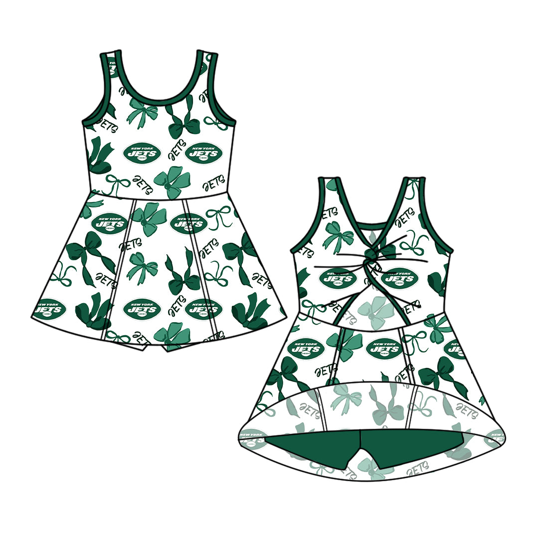 Preorder (moq 5)Baby Girls Green Sleeveless Jets Bows Plaid Short Team Knee Length Dresses