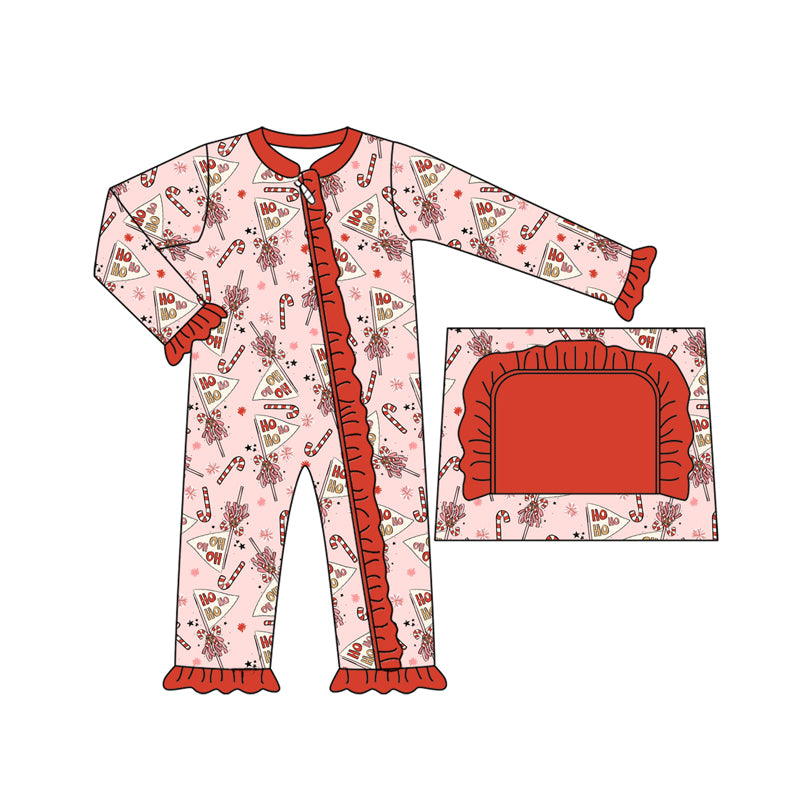 Preorder moq 5 Baby Infant Girls Long Sleeves Red Bows Candy Cane Ruffle Zipper Romper