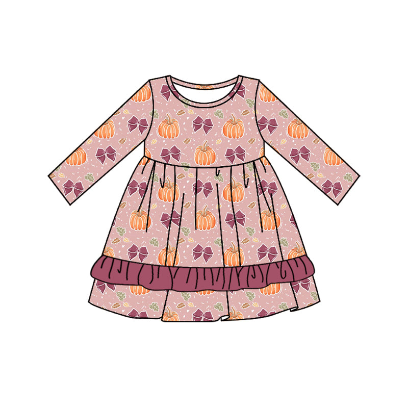 Preorder moq 5 Baby Girls Lavender Long Sleeves Bows Pumpkins Ruffle Knee Length Dresses
