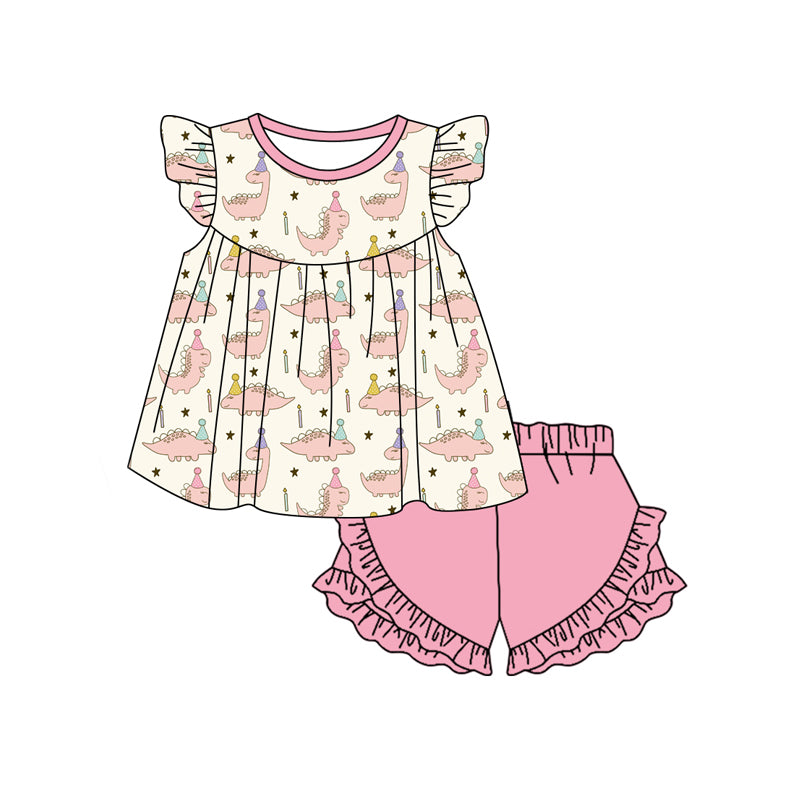 Preorder (moq 5)Baby Girls Dinosaurs Birthday Tunic Top Ruffle Shorts Clothes Sets